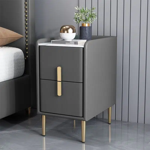 Contemporary Nordic Pine Leather Sintered Stone Nightstand 2 - Drawer For Bedroom - Image 16