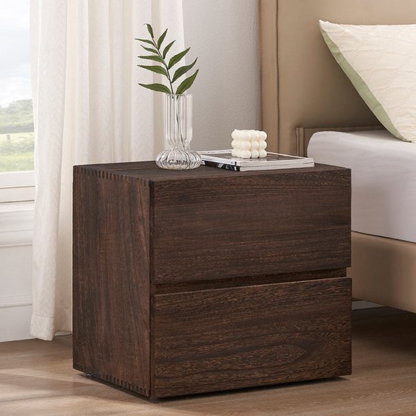 Contemporary Retro Cube Square Paulownia Wood Nightstand 2 - Drawer For Bedroom - Image 2