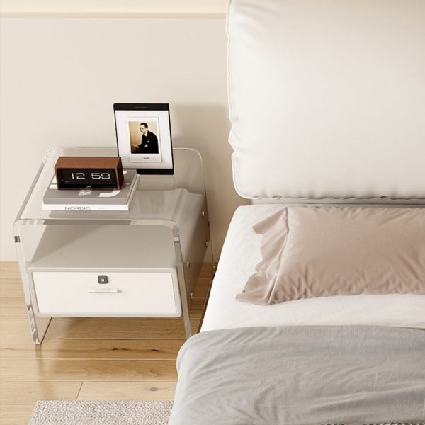 Contemporary Nordic Square Cube Acrylic Leather Solid Wood Nightstand 1 - Drawer For Bedroom - Image 7