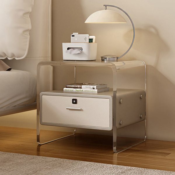 Contemporary Nordic Square Cube Acrylic Leather Solid Wood Nightstand 1 - Drawer For Bedroom - Image 2