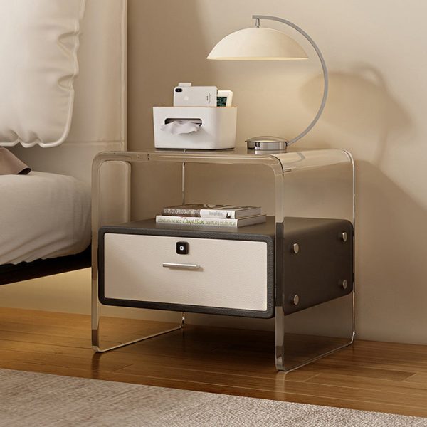 Contemporary Nordic Square Cube Acrylic Leather Solid Wood Nightstand 1 - Drawer For Bedroom - Image 3