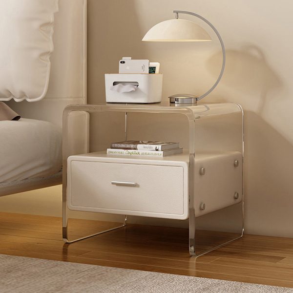 Contemporary Nordic Square Cube Acrylic Leather Solid Wood Nightstand 1 - Drawer For Bedroom - Image 5