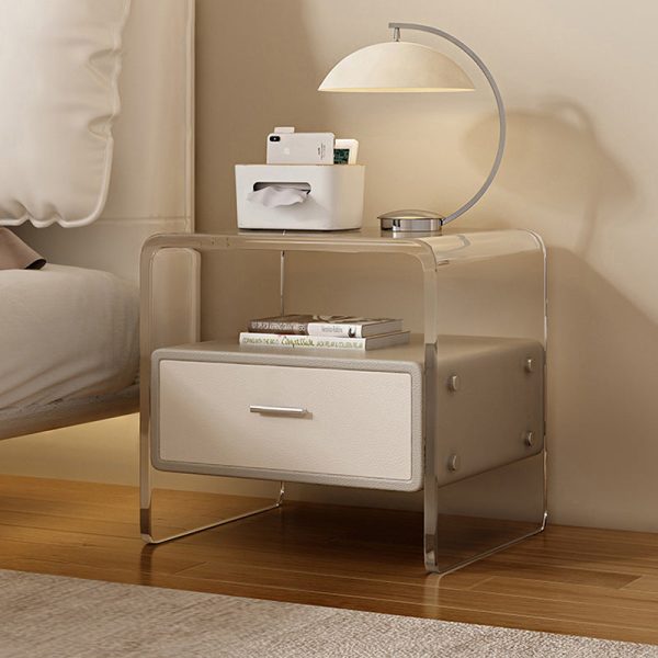 Contemporary Nordic Square Cube Acrylic Leather Solid Wood Nightstand 1 - Drawer For Bedroom - Image 8