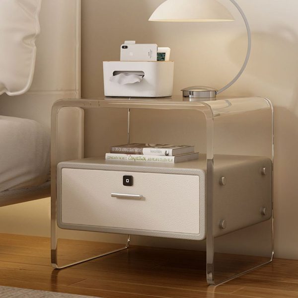 Contemporary Nordic Square Cube Acrylic Leather Solid Wood Nightstand 1 - Drawer For Bedroom - Image 10