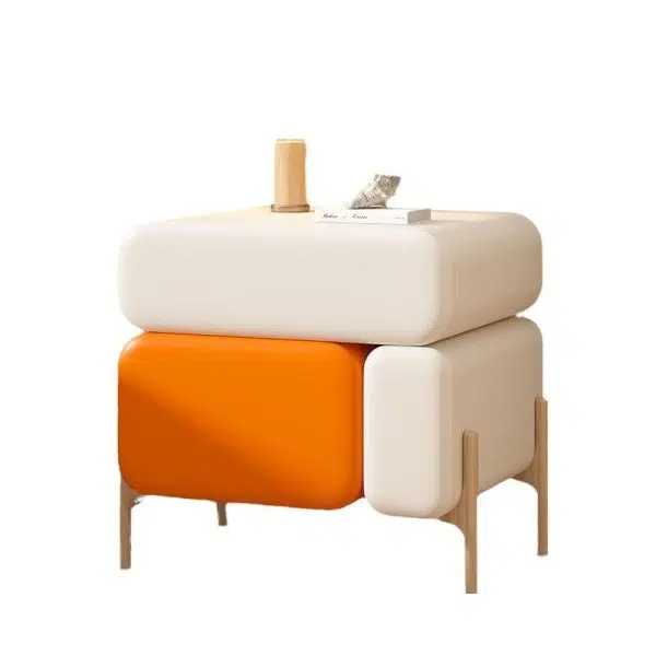 Contemporary Nordic Splicing Color Rectangle Cube Solid Wood Leather Nightstand 3 - Drawer For Bedroom - Image 13