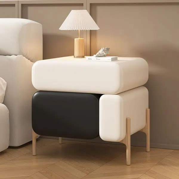 Contemporary Nordic Splicing Color Rectangle Cube Solid Wood Leather Nightstand 3 - Drawer For Bedroom - Image 2