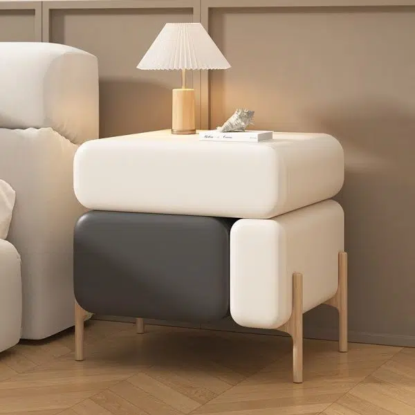 Contemporary Nordic Splicing Color Rectangle Cube Solid Wood Leather Nightstand 3 - Drawer For Bedroom - Image 11