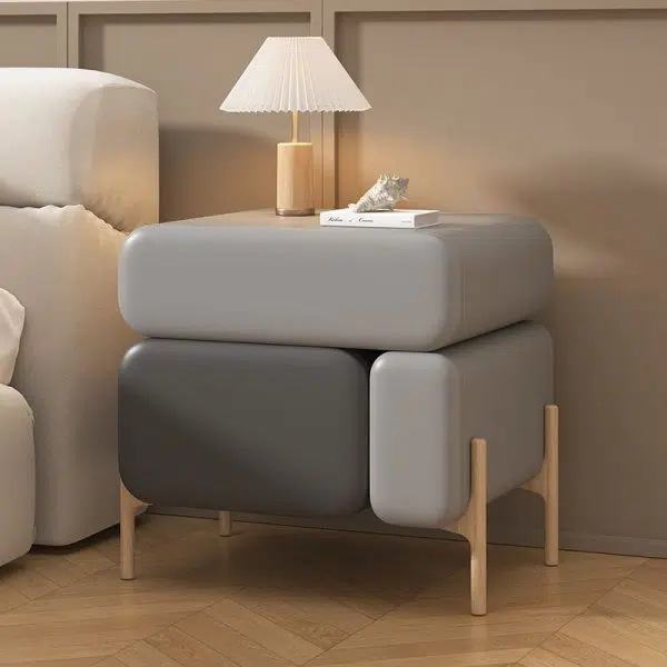 Contemporary Nordic Splicing Color Rectangle Cube Solid Wood Leather Nightstand 3 - Drawer For Bedroom - Image 12