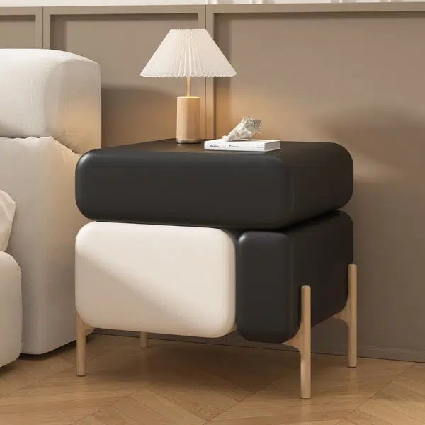 Contemporary Nordic Splicing Color Rectangle Cube Solid Wood Leather Nightstand 3 - Drawer For Bedroom - Image 10