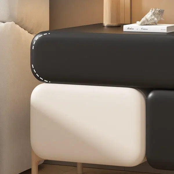 Contemporary Nordic Splicing Color Rectangle Cube Solid Wood Leather Nightstand 3 - Drawer For Bedroom - Image 7
