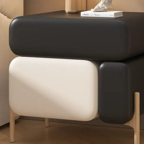 Contemporary Nordic Splicing Color Rectangle Cube Solid Wood Leather Nightstand 3 - Drawer For Bedroom - Image 8