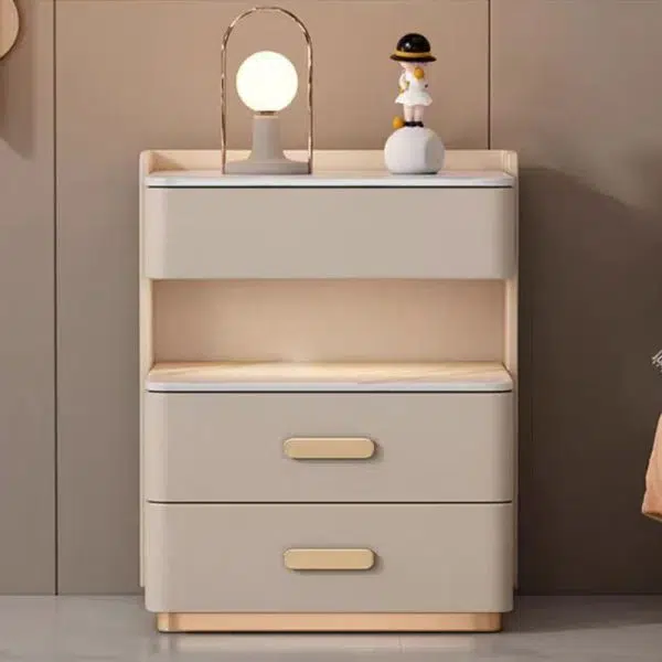 Contemporary Nordic Square Cube Solid Wood Leather Rock Board Sensor Light Safe Nightstand 3 - Drawer For Bedroom - Image 16