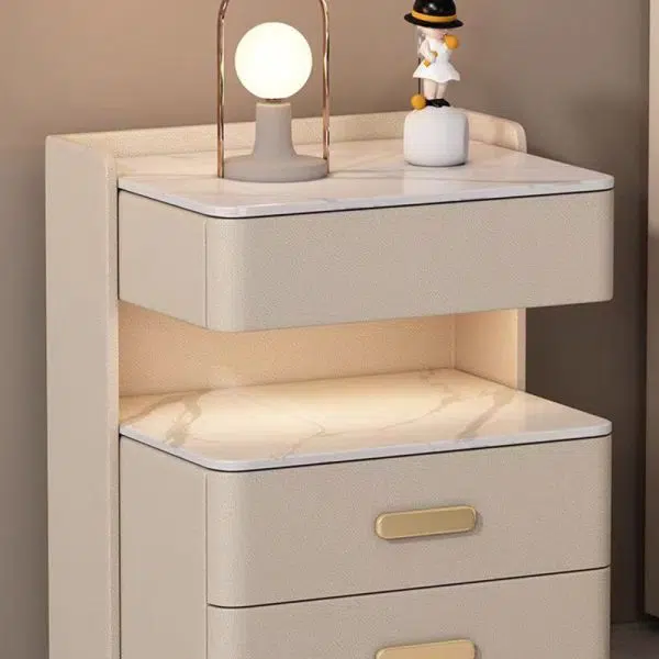 Contemporary Nordic Square Cube Solid Wood Leather Rock Board Sensor Light Safe Nightstand 3 - Drawer For Bedroom - Image 7