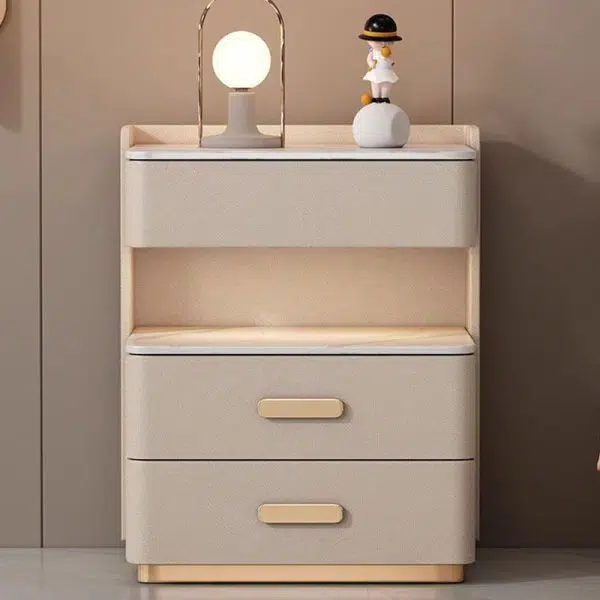 Contemporary Nordic Square Cube Solid Wood Leather Rock Board Sensor Light Safe Nightstand 3 - Drawer For Bedroom - Image 17