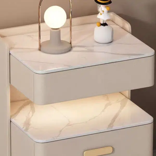 Contemporary Nordic Square Cube Solid Wood Leather Rock Board Sensor Light Safe Nightstand 3 - Drawer For Bedroom - Image 5