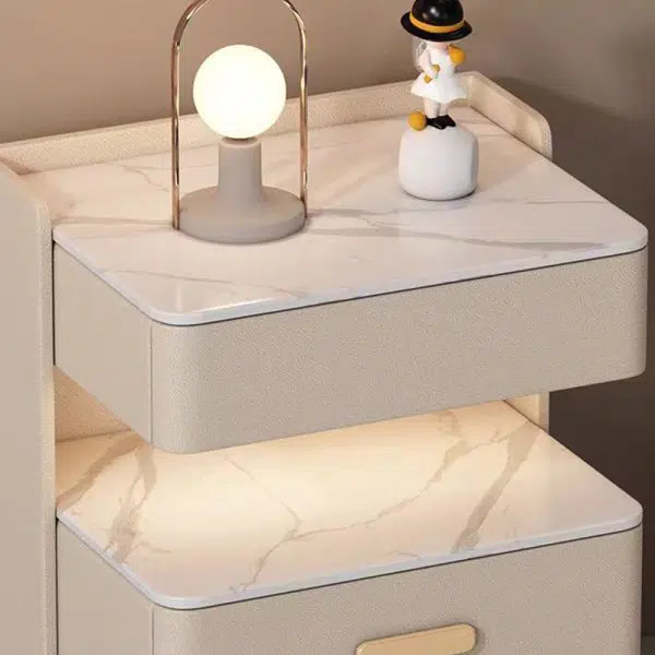 Contemporary Nordic Square Cube Solid Wood Leather Rock Board Sensor Light Safe Nightstand 3 - Drawer For Bedroom - Image 6