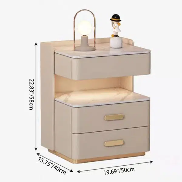 Contemporary Nordic Square Cube Solid Wood Leather Rock Board Sensor Light Safe Nightstand 3 - Drawer For Bedroom - Image 4