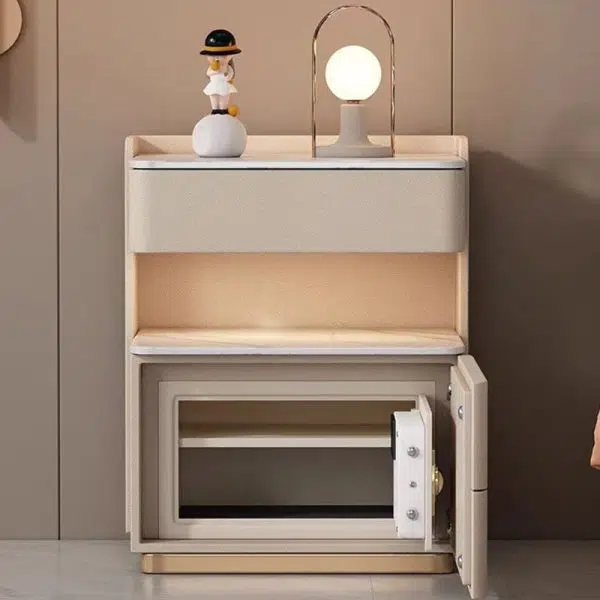 Contemporary Nordic Square Cube Solid Wood Leather Rock Board Sensor Light Safe Nightstand 3 - Drawer For Bedroom - Image 12