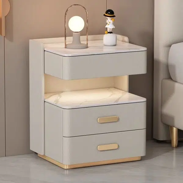 Contemporary Nordic Square Cube Solid Wood Leather Rock Board Sensor Light Safe Nightstand 3 - Drawer For Bedroom - Image 3