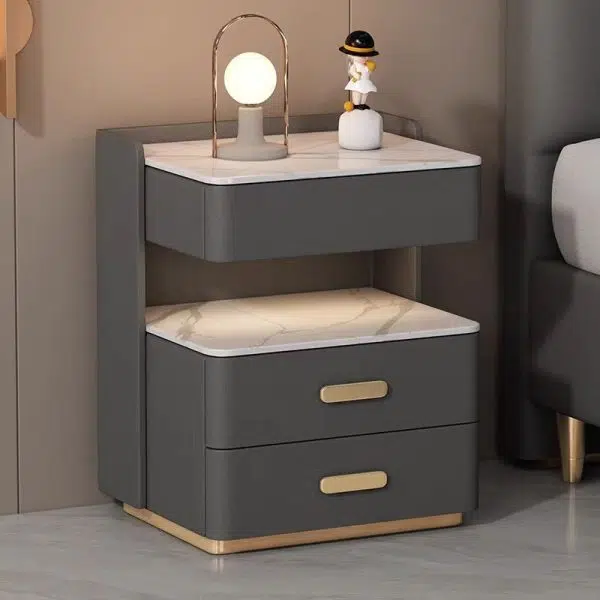 Contemporary Nordic Square Cube Solid Wood Leather Rock Board Sensor Light Safe Nightstand 3 - Drawer For Bedroom - Image 15