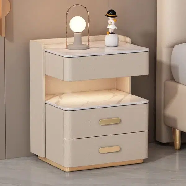 Contemporary Nordic Square Cube Solid Wood Leather Rock Board Sensor Light Safe Nightstand 3 - Drawer For Bedroom - Image 2