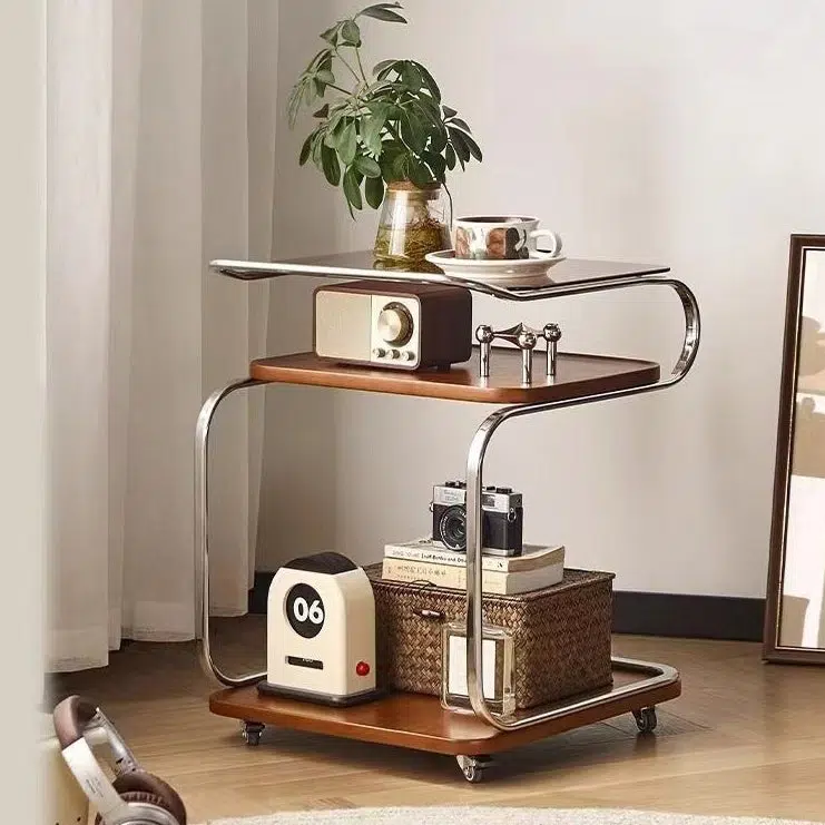 DFM-Table-FA01069-2-a7d178a5-52f3-43f0-b333-c2e66b23a2a2.jpg Contemporary Scandinavian Geometry Square Glass Solid Wood Stainless Steel Side Table 3 - Tier For Dining Room - Image 1