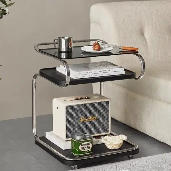 Contemporary Scandinavian Geometry Square Glass Solid Wood Stainless Steel Side Table 3 - Tier For Dining Room - Image 10