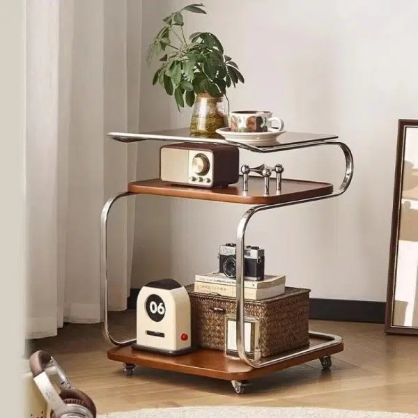 Contemporary Scandinavian Geometry Square Glass Solid Wood Stainless Steel Side Table 3 - Tier For Dining Room - Image 11