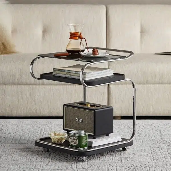 Contemporary Scandinavian Geometry Square Glass Solid Wood Stainless Steel Side Table 3 - Tier For Dining Room - Image 12