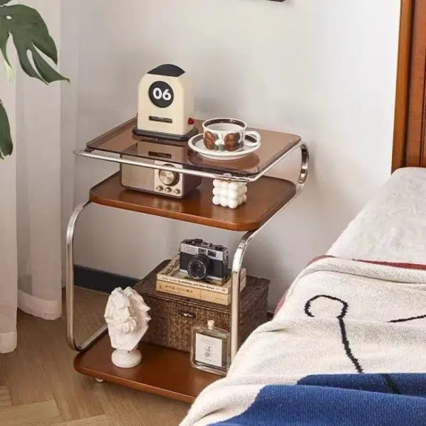 Contemporary Scandinavian Geometry Square Glass Solid Wood Stainless Steel Side Table 3 - Tier For Dining Room - Image 7