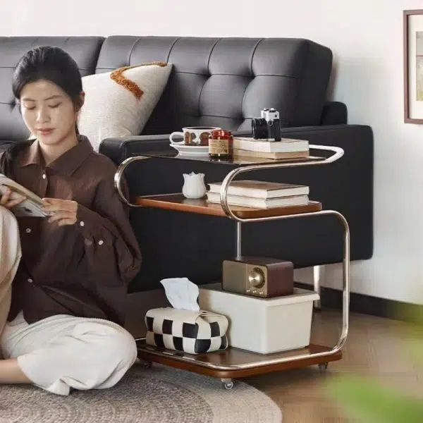 Contemporary Scandinavian Geometry Square Glass Solid Wood Stainless Steel Side Table 3 - Tier For Dining Room - Image 9