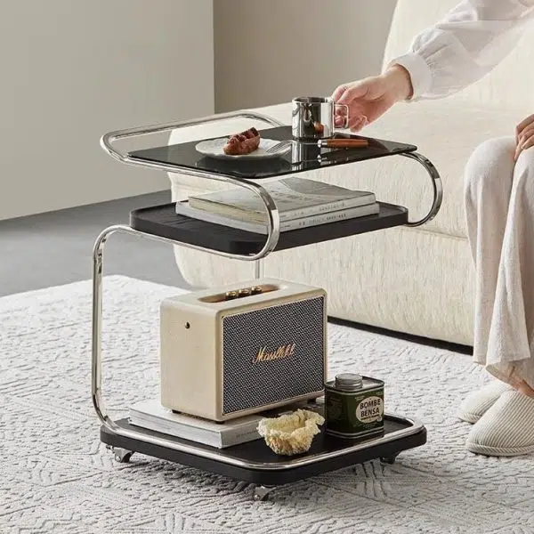 Contemporary Scandinavian Geometry Square Glass Solid Wood Stainless Steel Side Table 3 - Tier For Dining Room - Image 8