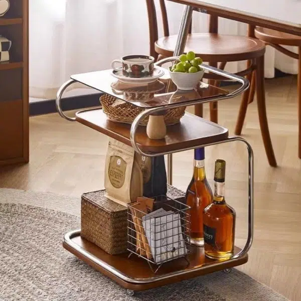 Contemporary Scandinavian Geometry Square Glass Solid Wood Stainless Steel Side Table 3 - Tier For Dining Room - Image 3