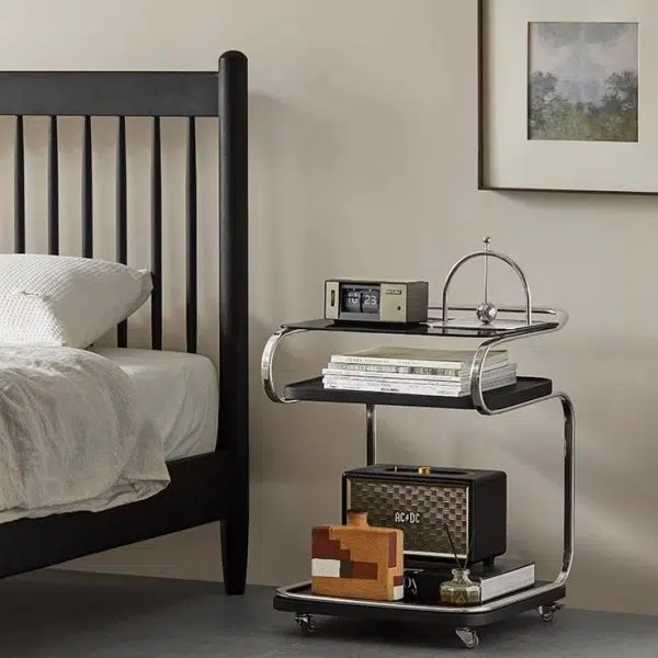 Contemporary Scandinavian Geometry Square Glass Solid Wood Stainless Steel Side Table 3 - Tier For Dining Room - Image 2