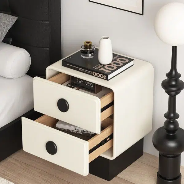 Contemporary Nordic Square Cube Solid Wood Multilayer Board Leather Nightstand 2 - Drawer For Bedroom - Image 9