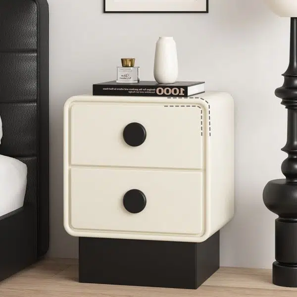 Contemporary Nordic Square Cube Solid Wood Multilayer Board Leather Nightstand 2 - Drawer For Bedroom - Image 15