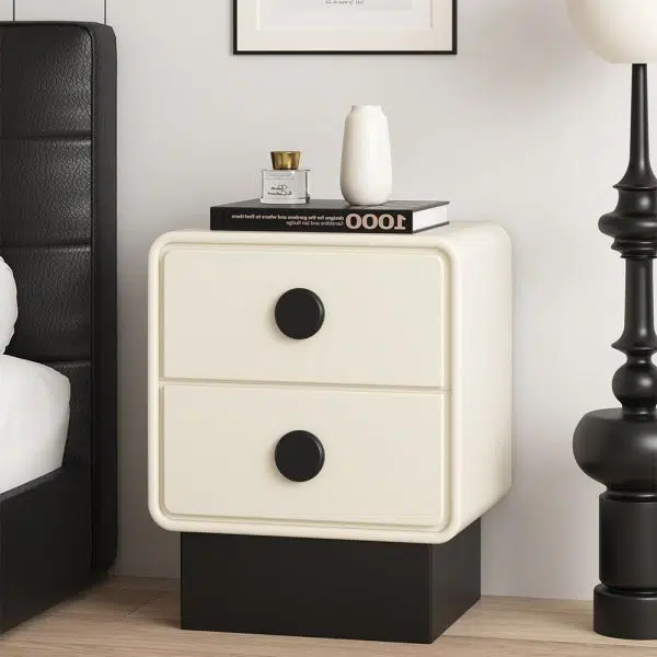 Contemporary Nordic Square Cube Solid Wood Multilayer Board Leather Nightstand 2 - Drawer For Bedroom - Image 18