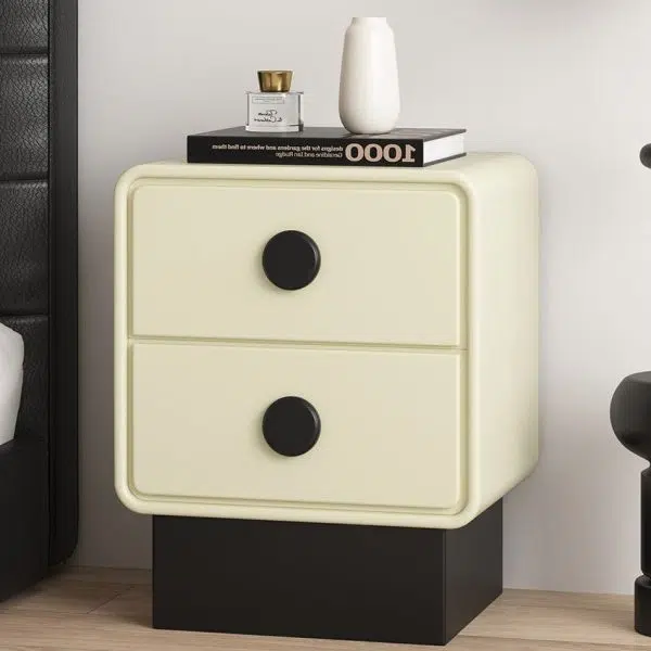 Contemporary Nordic Square Cube Solid Wood Multilayer Board Leather Nightstand 2 - Drawer For Bedroom - Image 13