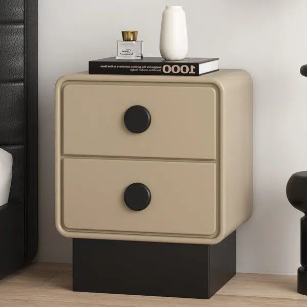 Contemporary Nordic Square Cube Solid Wood Multilayer Board Leather Nightstand 2 - Drawer For Bedroom - Image 14