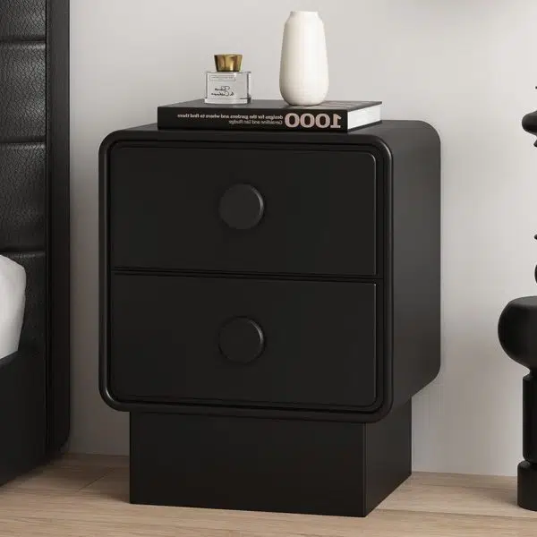 Contemporary Nordic Square Cube Solid Wood Multilayer Board Leather Nightstand 2 - Drawer For Bedroom - Image 16