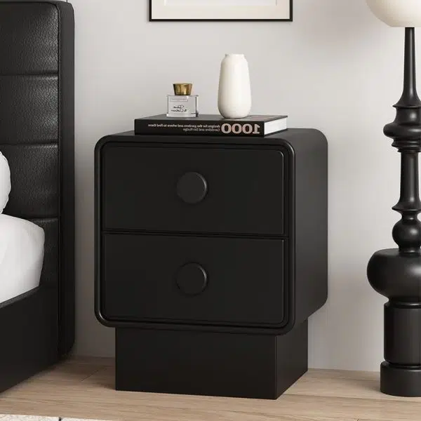 Contemporary Nordic Square Cube Solid Wood Multilayer Board Leather Nightstand 2 - Drawer For Bedroom - Image 11
