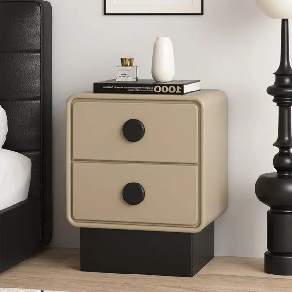 Contemporary Nordic Square Cube Solid Wood Multilayer Board Leather Nightstand 2 - Drawer For Bedroom - Image 3