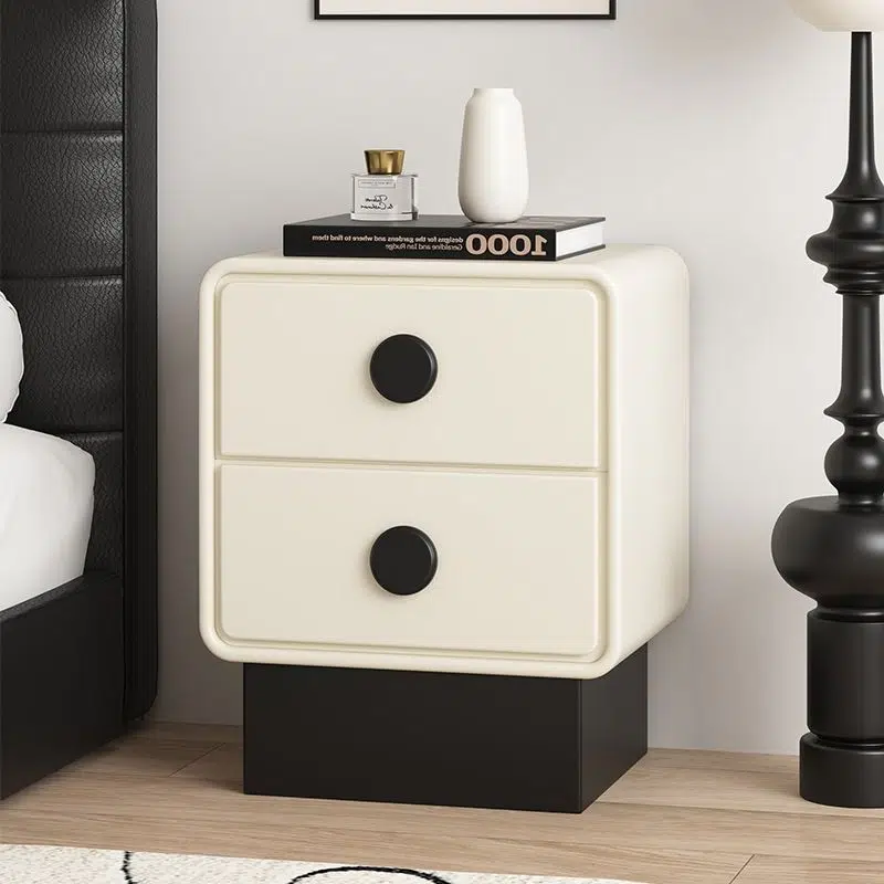 DFM-Table-FA01123-5.jpg Contemporary Nordic Square Cube Solid Wood Multilayer Board Leather Nightstand 2 - Drawer For Bedroom - Image 1