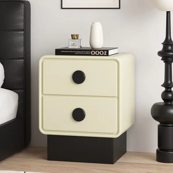 Contemporary Nordic Square Cube Solid Wood Multilayer Board Leather Nightstand 2 - Drawer For Bedroom - Image 2