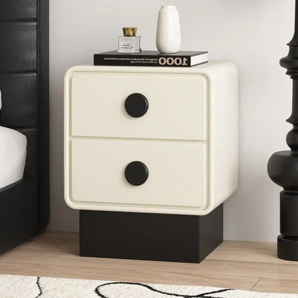 Contemporary Nordic Square Cube Solid Wood Multilayer Board Leather Nightstand 2 - Drawer For Bedroom - Image 12