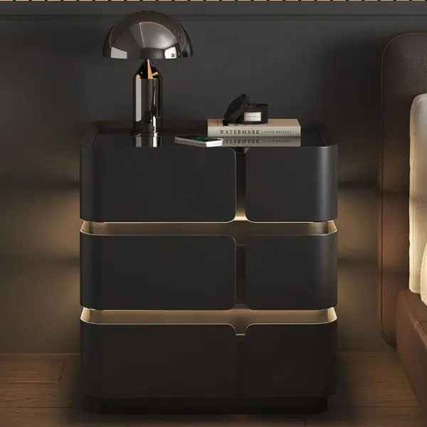 Contemporary Nordic Square Cube Sensor Light Wireless Charging Solid Wood Glass Leather Nightstand 2/3 - Drawer For Bedroom - Image 18