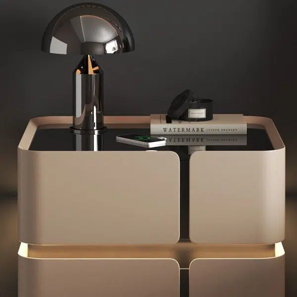 Contemporary Nordic Square Cube Sensor Light Wireless Charging Solid Wood Glass Leather Nightstand 2/3 - Drawer For Bedroom - Image 8
