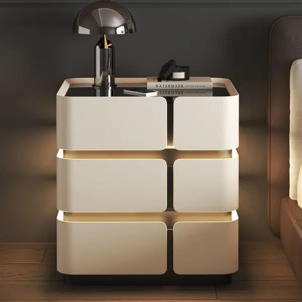 Contemporary Nordic Square Cube Sensor Light Wireless Charging Solid Wood Glass Leather Nightstand 2/3 - Drawer For Bedroom - Image 16