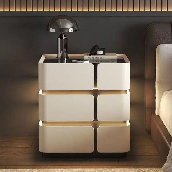 Contemporary Nordic Square Cube Sensor Light Wireless Charging Solid Wood Glass Leather Nightstand 2/3 - Drawer For Bedroom - Image 19