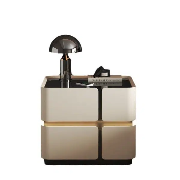 Contemporary Nordic Square Cube Sensor Light Wireless Charging Solid Wood Glass Leather Nightstand 2/3 - Drawer For Bedroom - Image 20